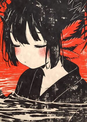 Vintage Axolotl Anime Girl Art Print - Premium Wooden Framed Poster. Ready to Hang.