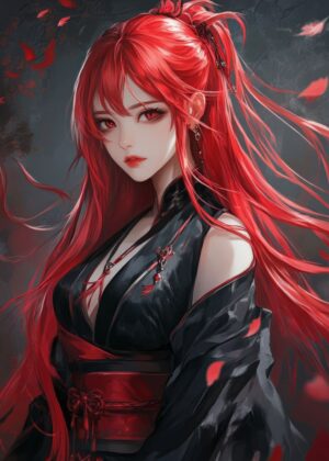 Fiery Red Hair Anime Girl Art Print - Premium Wooden Framed Poster. Ready to Hang.