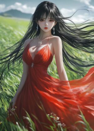 Anime Girl in Red Dress: A Breathtaking Digital Artwork - Premium Wooden Framed Poster. Ready to Hang.