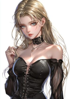 Anime Girl in Black Dress: Elegant and Mysterious - Premium Wooden Framed Poster. Ready to Hang.