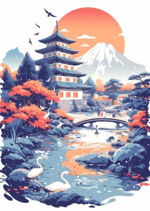Serene Japanese Temple Landscape at Sunset - Premium Wooden Framed Poster. Ready to Hang.
