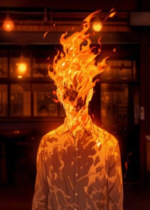 Burning Silence: A Captivating Artwork of Fire and Mystery - Premium Wooden Framed Poster. Ready to Hang.