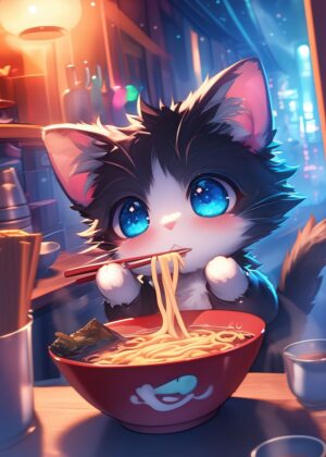 Adorable Anime Cat Enjoying a Delicious Bowl of Ramen - Premium Wooden Framed Poster. Ready to Hang.