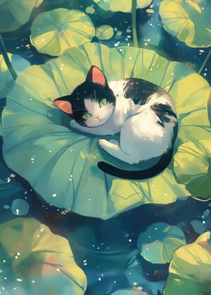 Anime Cat Resting on a Lily Pad - Premium Wooden Framed Poster. Ready to Hang.