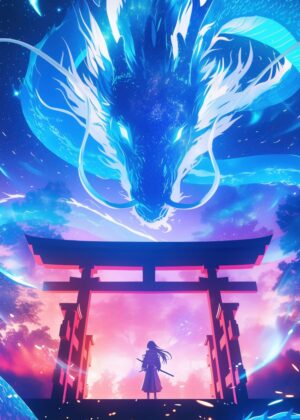 Mystical Dragon Torii Gate Anime Art Print - Premium Wooden Framed Poster. Ready to Hang.