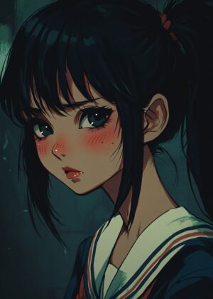 Melancholy Anime Girl in School Uniform - Premium Wooden Framed Poster. Ready to Hang.