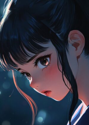 Anime High School Girl: A Touch of Melancholy - Premium Wooden Framed Poster. Ready to Hang.