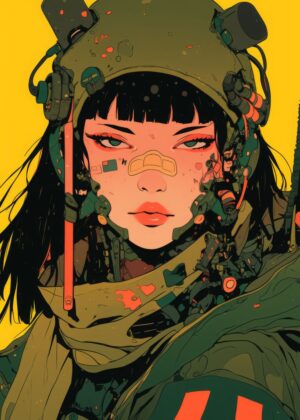 Cyberpunk Female Warrior: Digital Art Print - Premium Wooden Framed Poster. Ready to Hang.