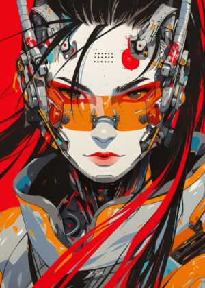 Cyberpunk Woman Portrait: Digital Art Print - Premium Wooden Framed Poster. Ready to Hang.