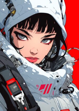 Cyberpunk Anime Girl: Digital Art Print - Premium Wooden Framed Poster. Ready to Hang.