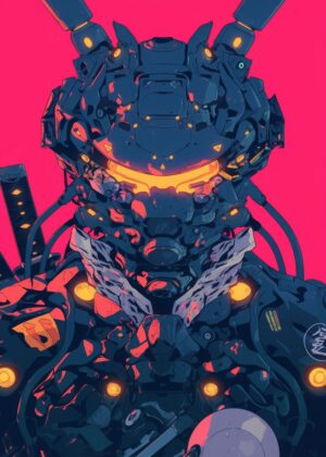 Cyberpunk Samurai Mech: Digital Art Print - Premium Wooden Framed Poster. Ready to Hang.