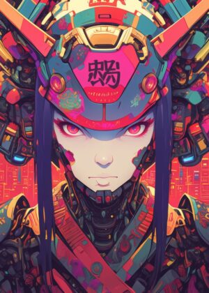 Cyberpunk Samurai Girl: Neon Dreams - Premium Wooden Framed Poster. Ready to Hang.