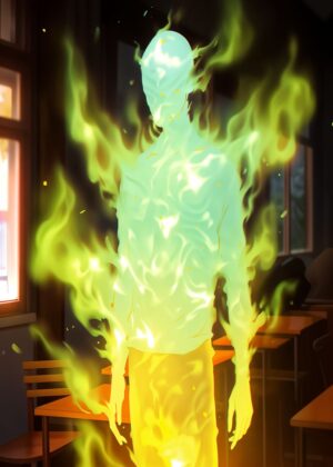 Green Flame Phantom: Anime-Style Digital Art Print - Premium Wooden Framed Poster. Ready to Hang.