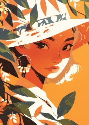 Orange Sunset Lady: A Vibrant Summer Artwork - Premium Wooden Framed Poster. Ready to Hang.