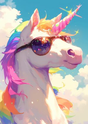 Rainbow Unicorn Sunglasses Art Print - Premium Wooden Framed Poster. Ready to Hang.