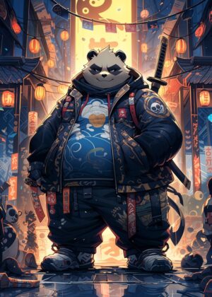 Panda Samurai Neon City Art Print - Premium Wooden Framed Poster. Ready to Hang.