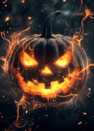 Fiery Jack-o'-Lantern: A Halloween Masterpiece - Premium Wooden Framed Poster. Ready to Hang.