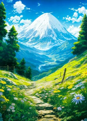 Serene Mountain Path Landscape: A Breathtaking Vista - Premium Wooden Framed Poster. Ready to Hang.