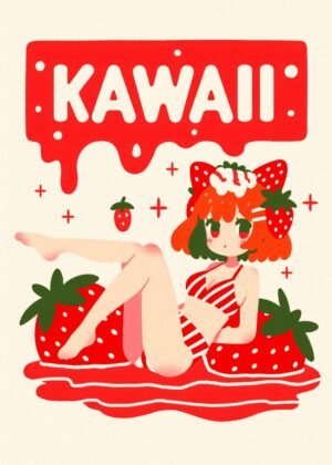 Kawaii Strawberry Anime Girl Art Print - Premium Wooden Framed Poster. Ready to Hang.