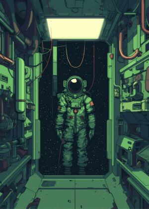 Pixel Art Astronaut in Space: A Retro Sci-Fi Journey - Premium Wooden Framed Poster. Ready to Hang.
