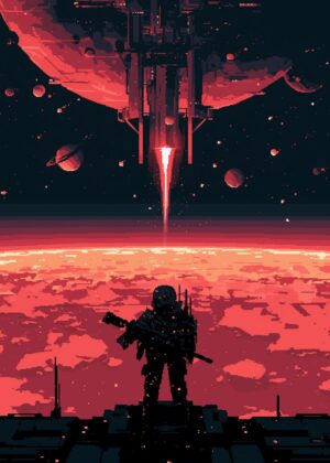 Spacefarer on Crimson Planet: A Pixel Art Print - Premium Wooden Framed Poster. Ready to Hang.
