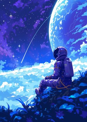 Astronaut Contemplating the Cosmos: A Digital Art Print - Premium Wooden Framed Poster. Ready to Hang.