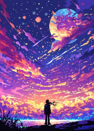 Pixelated Night Sky: A Dreamy Digital Artwork - Premium Wooden Framed Poster. Ready to Hang.