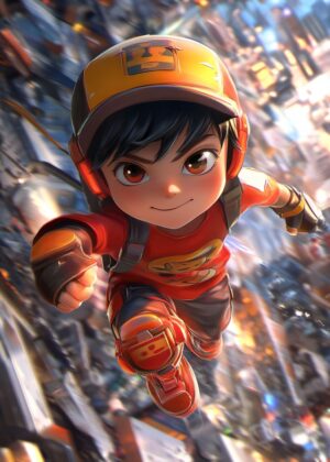 Dynamic Anime-Style Boy Artwork: High-Energy Action Scene - Premium Wooden Framed Poster. Ready to Hang.