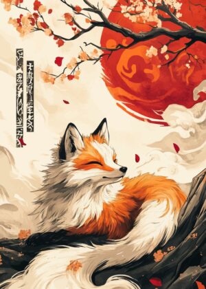 Serene Fox Amidst Cherry Blossoms - Premium Wooden Framed Poster. Ready to Hang.