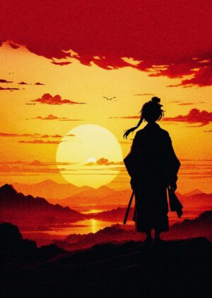 Samurai Sunset: A Silhouette of Tranquility - Premium Wooden Framed Poster. Ready to Hang.