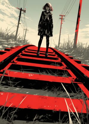 Solitary Figure on Crimson Rails - Premium Wooden Framed Poster. Ready to Hang.