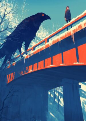Giant Raven and Girl: A Winter's Tale - Premium Wooden Framed Poster. Ready to Hang.