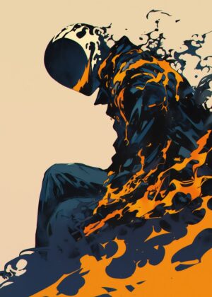 Burning Figure in Helmet: Abstract Art Print - Premium Wooden Framed Poster. Ready to Hang.