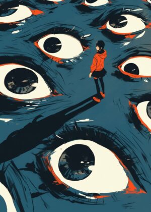 Girl Surrounded by Eyes: A Surreal Digital Artwork - Premium Wooden Framed Poster. Ready to Hang.