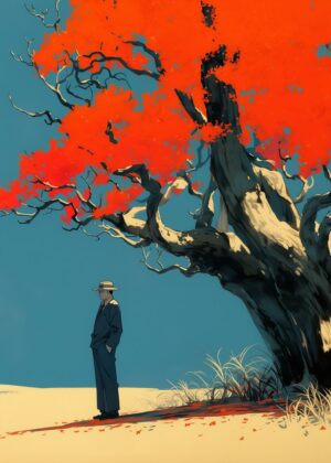 Man Under Red Tree: Autumnal Solitude - Premium Wooden Framed Poster. Ready to Hang.