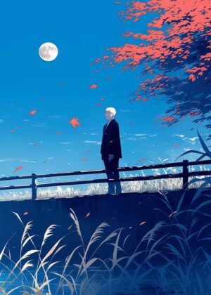 Lonely Figure Under the Moon: An Autumn Evening - Premium Wooden Framed Poster. Ready to Hang.