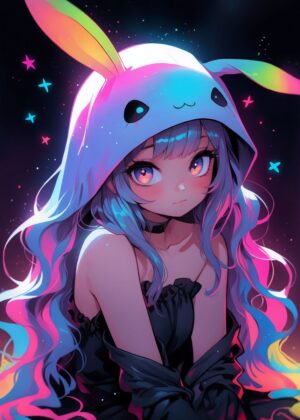 Vibrant Anime Girl in Bunny Hoodie - Premium Wooden Framed Poster. Ready to Hang.