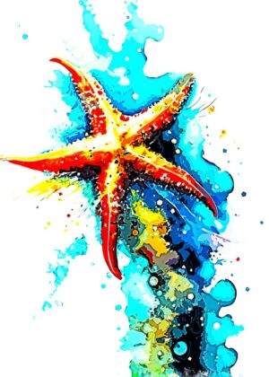 Vibrant Starfish Watercolor Art Print - Premium Wooden Framed Poster. Ready to Hang.