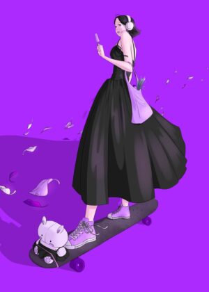 Elegant Skateboarding: A Whimsical Illustration - Premium Wooden Framed Poster. Ready to Hang.