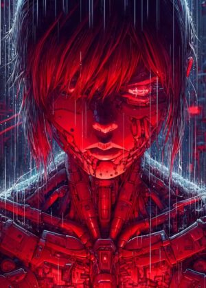 Cyberpunk Android Rain Portrait: Digital Art Print - Premium Wooden Framed Poster. Ready to Hang.