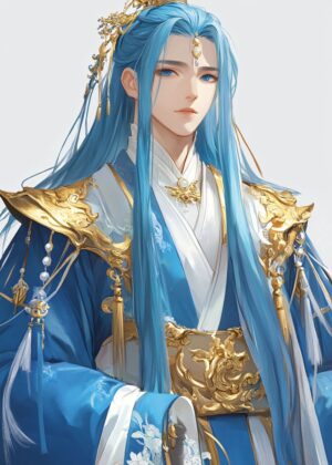 Elegant Fantasy Art Print: Celestial Blue Hair - Premium Wooden Framed Poster. Ready to Hang.