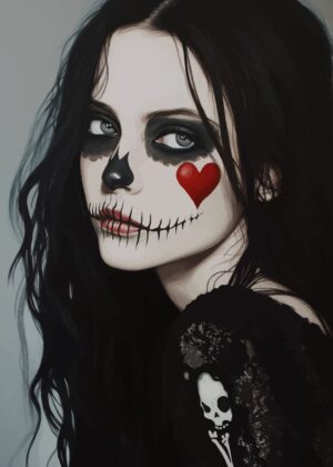 Gothic Girl with Skull Tattoo: Dark Beauty Art Print - Premium Wooden Framed Poster. Ready to Hang.