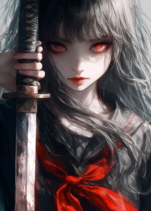 Anime Girl with Katana: A Striking Digital Art Print - Premium Wooden Framed Poster. Ready to Hang.