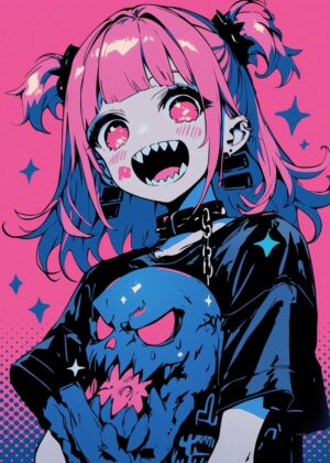 Kawaii Skull Girl: Anime Art Print - Premium Wooden Framed Poster. Ready to Hang.