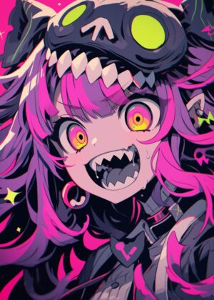 Anime Girl with Fangs: Vibrant Digital Art Print - Premium Wooden Framed Poster. Ready to Hang.