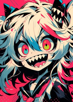 Anime Girl with Sharp Teeth: Vibrant Digital Art Print - Premium Wooden Framed Poster. Ready to Hang.