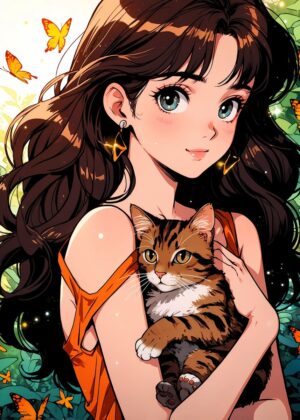 Anime Girl and Kitten: A Whimsical Artwork - Premium Wooden Framed Poster. Ready to Hang.