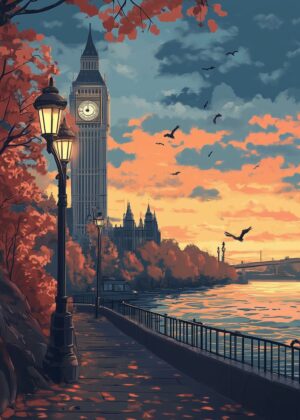 London Sunset: Big Ben at Dusk - Premium Wooden Framed Poster. Ready to Hang.