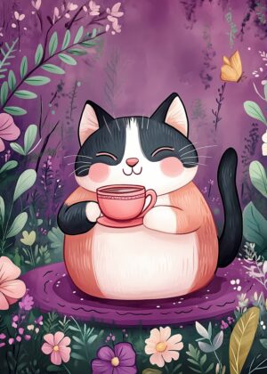 Adorable Cat Enjoying a Cozy Tea Break in a Magical Garden - Premium Wooden Framed Poster. Ready to Hang.
