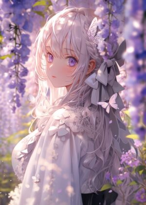 Anime Girl Amidst Purple Blossoms - Premium Wooden Framed Poster. Ready to Hang.